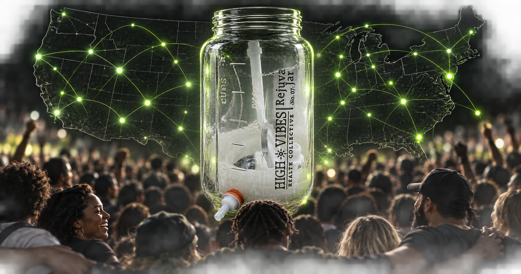 A RejuvaJar uniting a glowing network across the United States